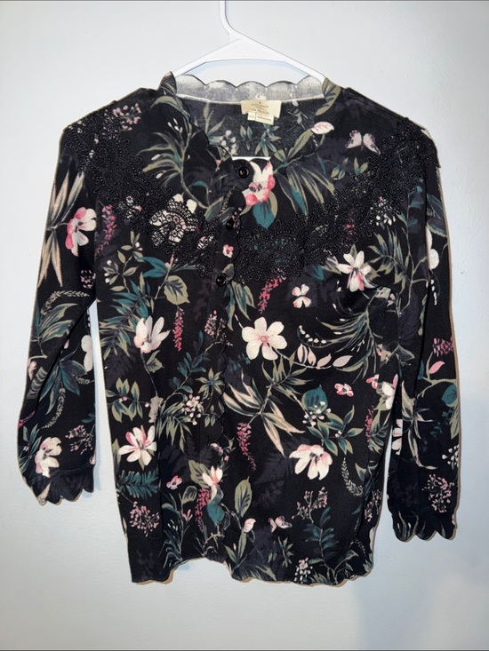 kate spade Tops - kate spade Black Floral Long-Sleeve Button Top with Lace Trim